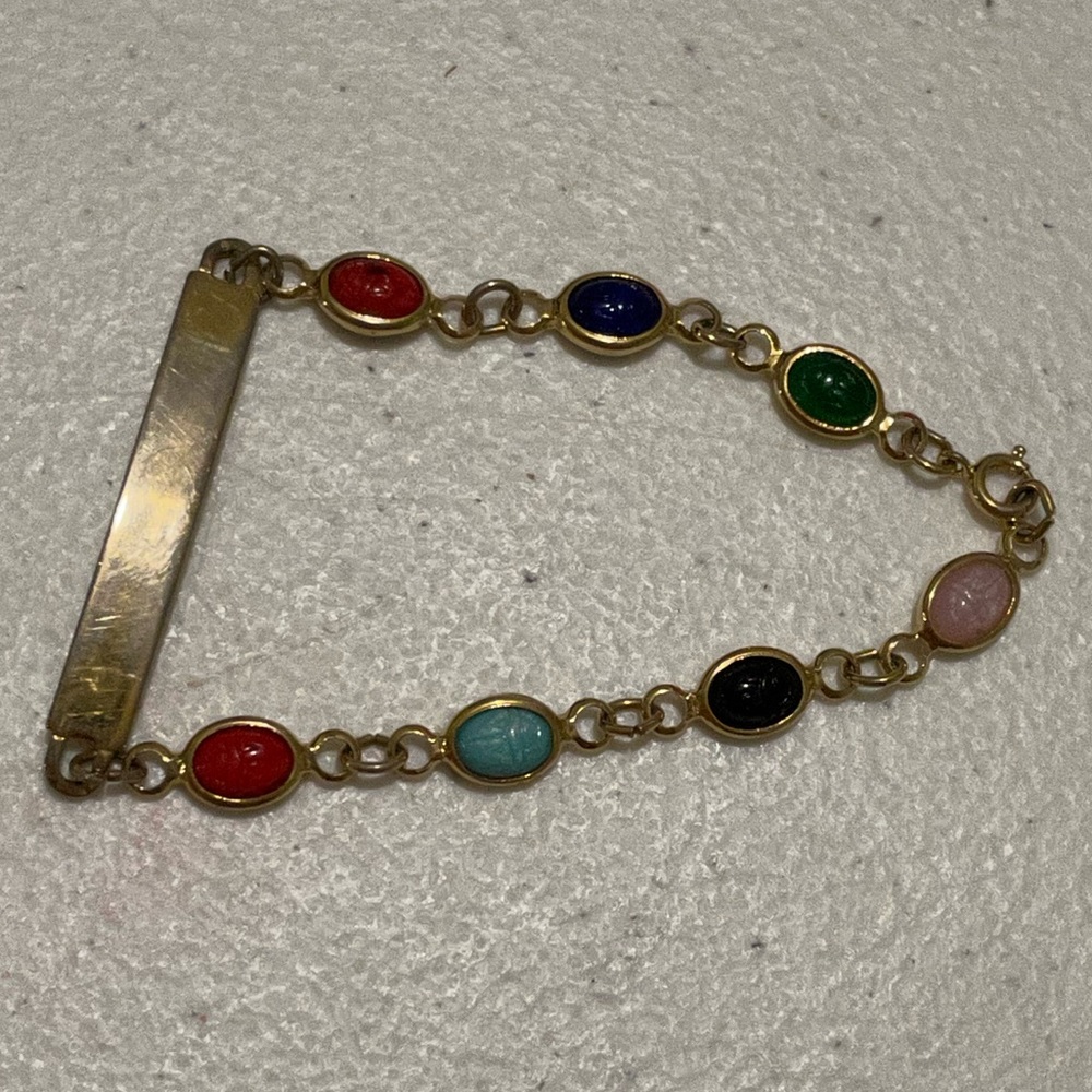 Vintage Egyptian Revival Gold Tone Carved Scarab Beetle Cabochon ID Bracelet